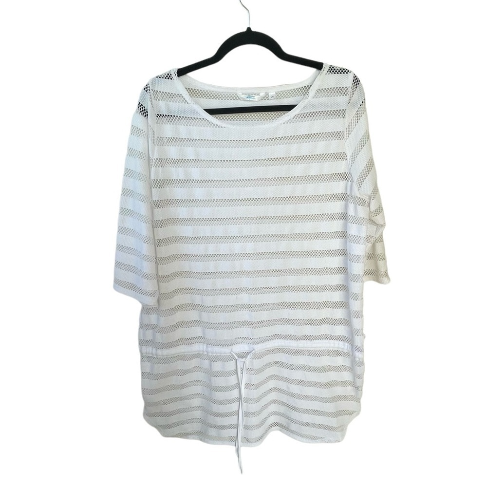 LA VIE EN ROSE AQUA White Striped Mesh Oversized Short Sleeve Swimwear Coverup L